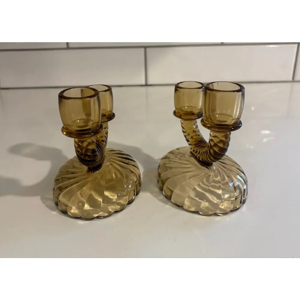 Pair of Vintage Brown Glass Candle Holders